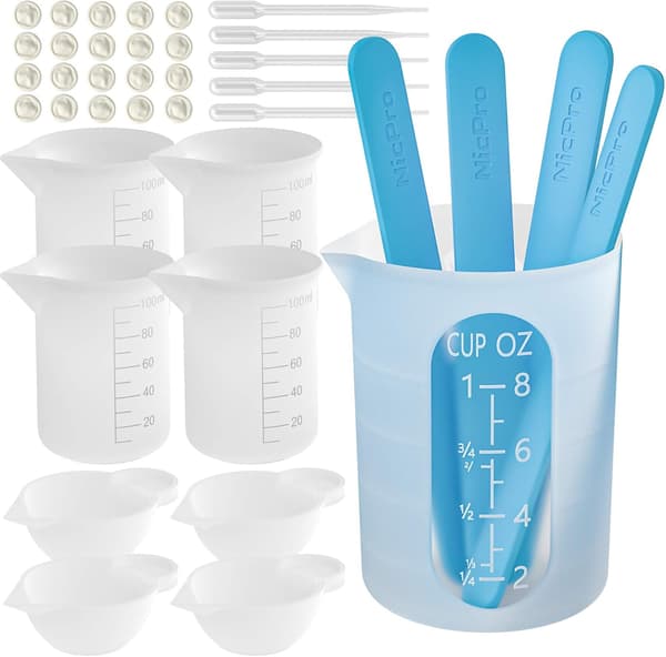 250 ml og 100 ml silikonekopper til epoxyharpiks - mixer + rørepinde + epoxyblandekop, epoxyharpiks kunst og håndværk