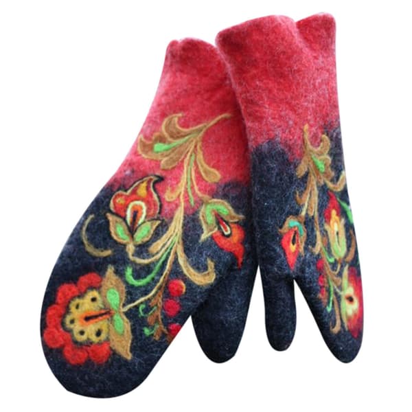 Vinterhandskar för kvinnor, julklapp, modehandskar med broderade blommor, N (röd)
