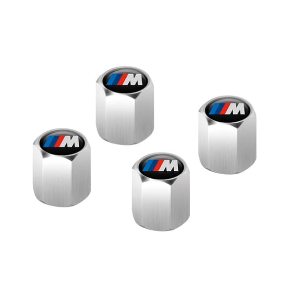 #4 x M Logo Bilventilhætter - Sølv, Metalventilhætter med logo, F#