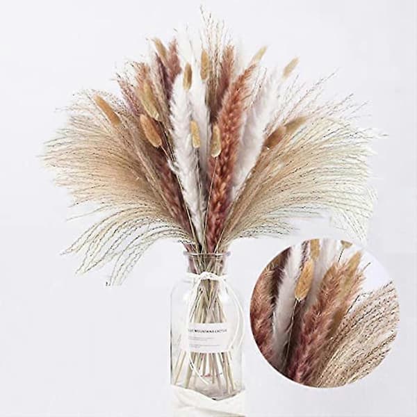 Pampas Grass 75 pcs 44 cm, Fluffy Stem Bouquet for Home Decor Wedding Boho Decor (4 Different Nat