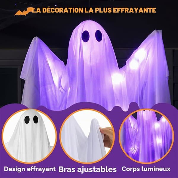 120 cm Hængende Lysende Spøgelse til Halloween med Skræmmende Lilla LED, Hvidt Flyvende Spøgelse til Halloween