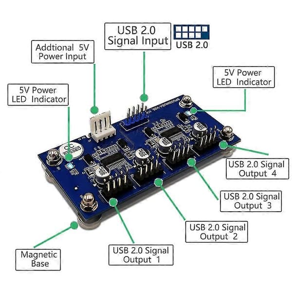 Magnetisk 9-pinners 1 inn 4 ut USB 2.0 Hub-adapter utvidelseskort med SATA-kabel