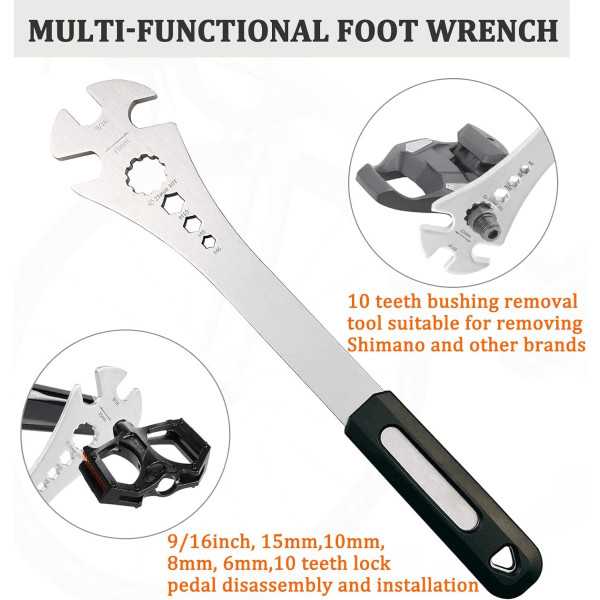 Ett sju i ett cykelpedalavlägsningsverktyg med 320 mm långt