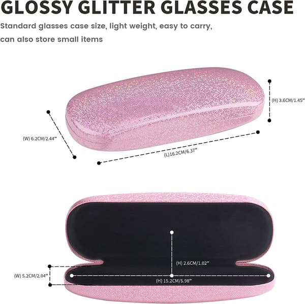 2-pakning rosa og hvitt glitter hardt etui for briller, blendende bærbart brilleetui for kvinner, menn, jenter, reise, studier, arbeid