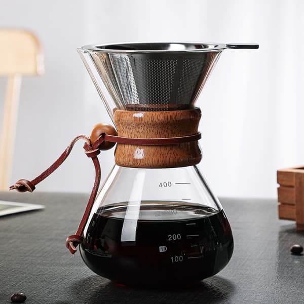 Pour Over Kaffebrygger 400ml Dobbeltlagsfilter V-tud Træhylster Kaffebrygger til Hjem Café Fest