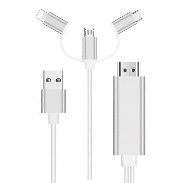 3-in-1 Lightning/Type-C/Micro USB - HDMI HD -adapterikaapeli iOS- ja Android-laitteille, näytön peilaus