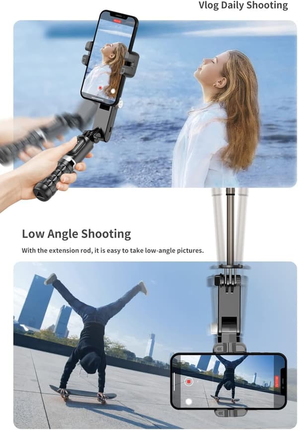 Smartphone gimbal stabilisator, 2-akset automatisk ansigtssporing selfiestick med stativ og LED-lys