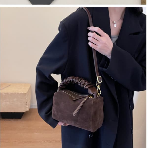 Coffee Brown Suede Small Square Women's Handbag with Pleated Chain