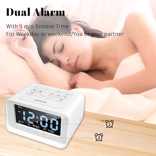 Dubbel Väckarklockradio, Digital Väckarklocka med 2 USB-laddningsportar, 0-100% Dimbar, Justerbar Volym, Inomhustermometer (Vit)
