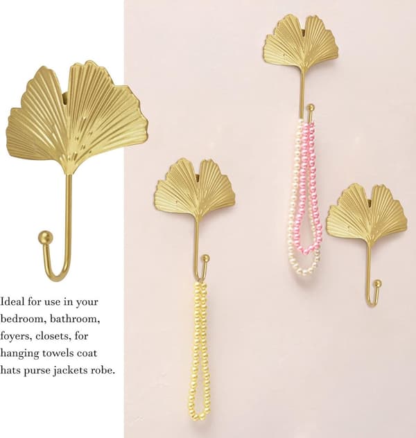 4 Hooks Decorative Leaf-Shaped Iron Hooks Ginkgo Leaf Wall Hooks Key Hooks Simple Coat Hook for Entryway Bathroom Gold