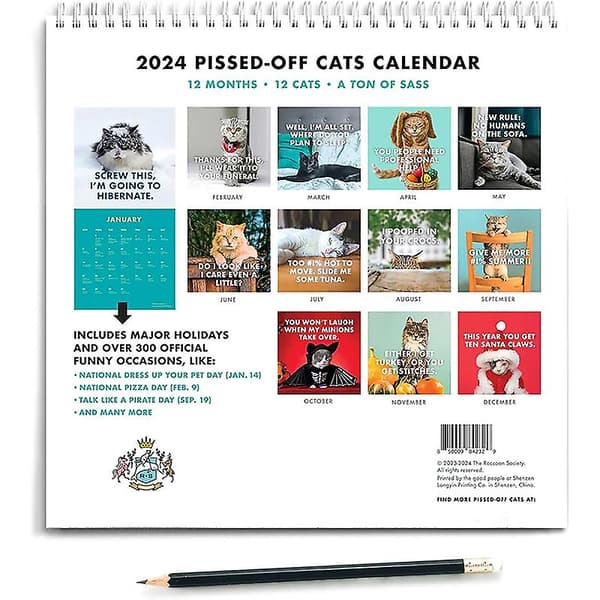 2024 Sur Kat Kalender - Rolig Vægkunst Kalender - Irriterede Katte