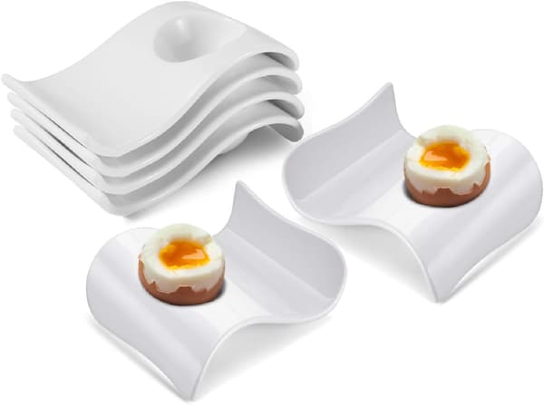 Ceramic Egg Cup - 6-Piece Hard Boiled Egg Cup & Soft Boiled Egg Cup Set, White Boiled Egg Cup, Stable & Stackable Modern Wave Style Egg