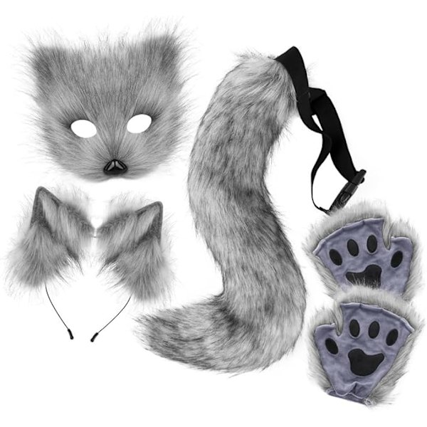 Plush-naamio ketun hännän ja korvien setillä, kissan hännän ketun asu cosplay-asu kissan korvilla ja tassuhanskoilla halloween-cosplay grey