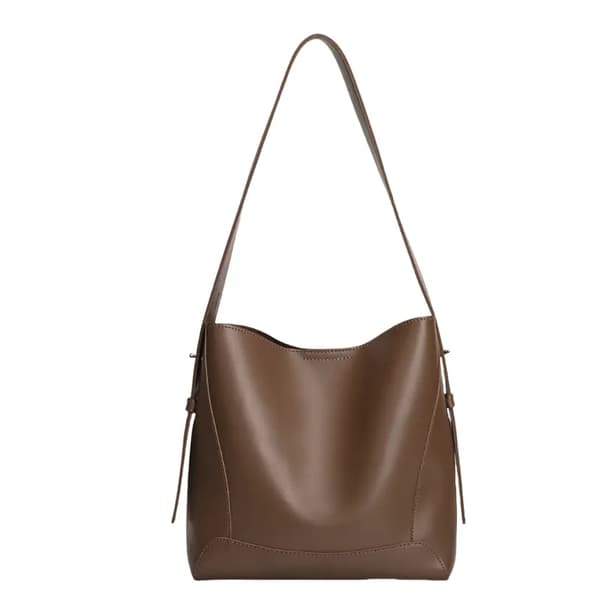 Brown Soft Smooth Leather Shoulder Bag with Large Capacity for Daily Commute, Shopping, and Leisure Use with Adjustable Side Drawstrings