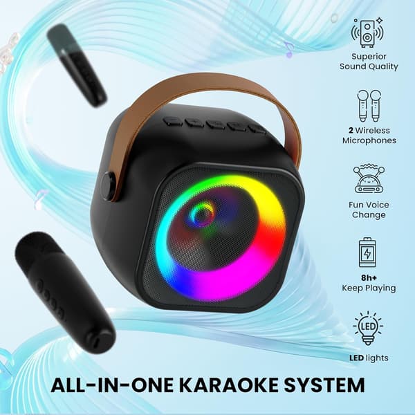 Mini Karaoke Maskin, Bærbar Bluetooth Karaoke Høyttaler med 2 Trådløse Mikrofoner og Festbelysning
