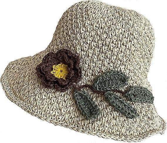Solhat til kvinder, hæklede blomster, justerbar strandhat, behagelige og åndbare hatte til kvinder udendørs, beige