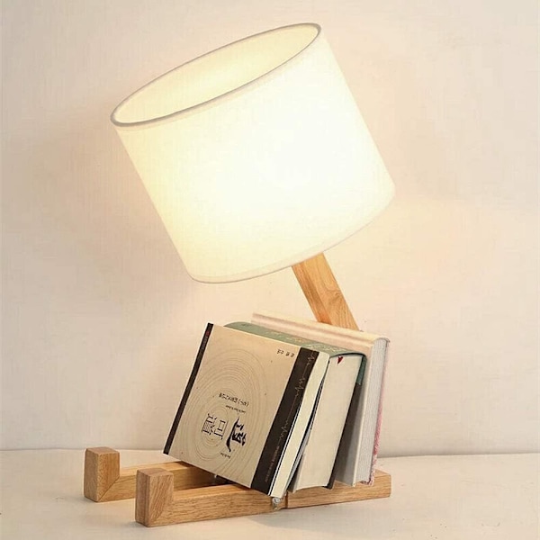 Kreativ robotbordlampa, justerbar och bokbar trä nattlampa med