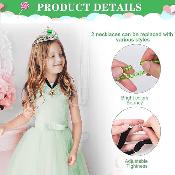 Prinsesseudklædningssæt med tiara, tryllestav, handsker, halskæde, ring, øreringe til piger, festkostume, grøn, alder 2-10