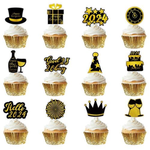 12 stk. Godt Nyttår cupcake-dekorasjoner, 2024 festdekorasjoner.