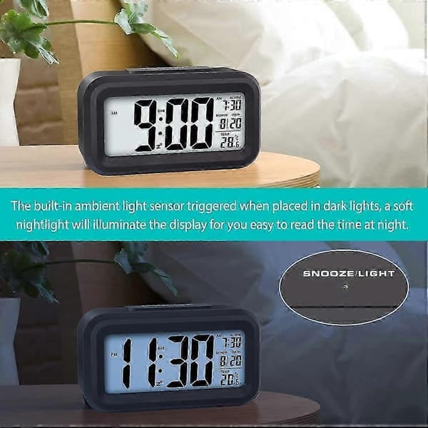 Moderni digitaalinen herätyskello LCD-taustavalaistulla näytöllä ja kalenterilla