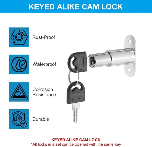 6 Push Plunger Locks - Door, Mailbox, Window Lock - Zinc Alloy, 32mm Core - with Keys - 49.5*56*19 mm - Silver