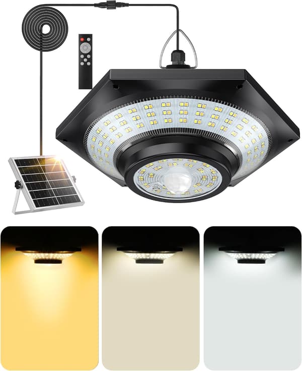 Innendørs/utendørs solcellelampe med 228 lysdioder, 4000LM, 5 moduser, bevegelsessensor, 3 fargetemperaturer