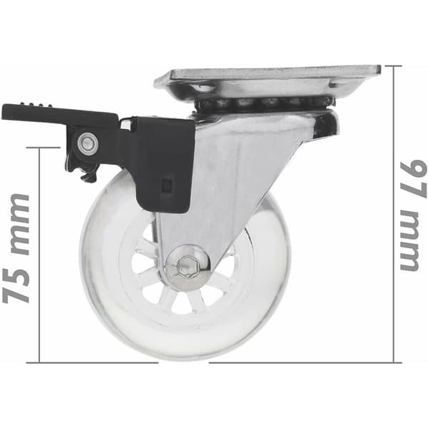 Sett med 4 svingbare hjul, industrihjul i polyuretan og transparent PVC med brems, 75 mm
