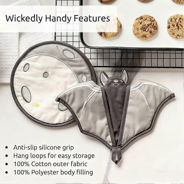Batlicious Oven Mitts & Pot Holders Set - Gothic Bat & Moon Design, Heat Resistant Kitchen Gloves for Baking, Cooking, and Grilling