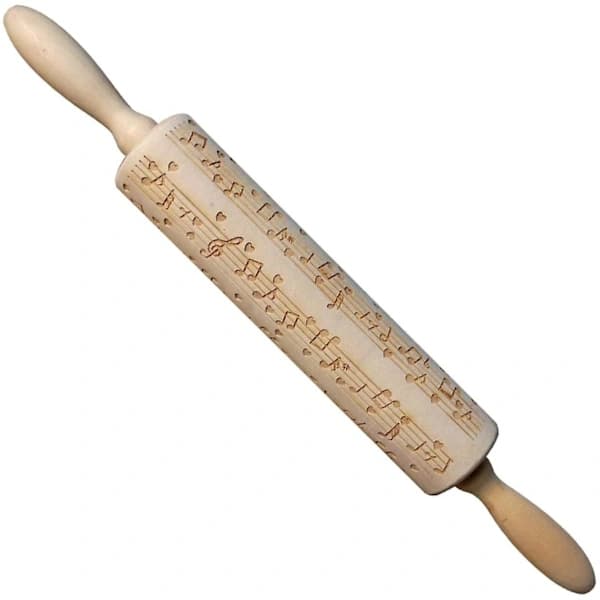 Christmas Tree Shaped Wooden Rolling Pin with Music Notes Engraved Embossing Rolling Pin with Christmas Symbols Kitchen Baking Tool