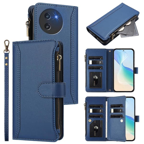 Magnetisk Lukning 9 Kortpladser Lynlås Læderetui med Håndrem [DB] Mørkeblå Til Doogee Note 59 5G / Note 59 Pro Dark Blue For Doogee Note 59 5G / Note 59 Pro