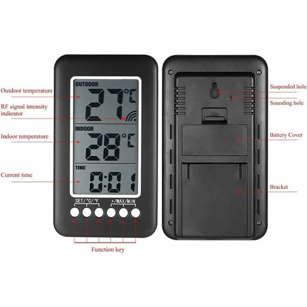 Digital LCD-termometer med inomhus-/utomhustemperatursensor, klocka och sändare - ℃/℉-display