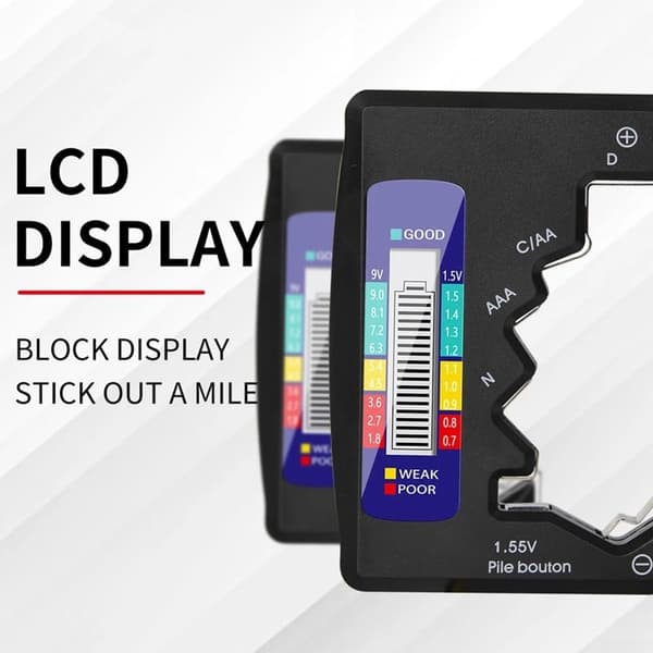 This battery tester has an LCD screen and can test batteries of various capacities, including 9V PP3, AAA, AA, C, and button cell batteries.