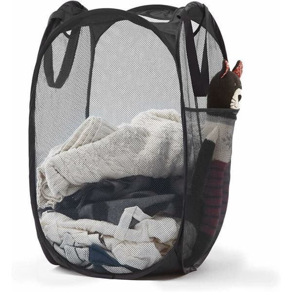 Pop-up Mesh Laundry Hamper with Durable Handles - Portable Foldable Laundry Baskets for Dorms, Bathrooms, and Travel (Black)