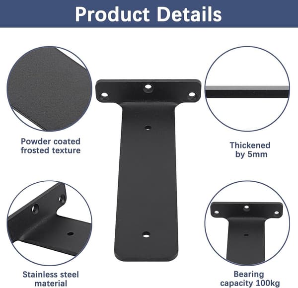 Support frame, wall mount, metal shelf brackets, floating shelf bracket, stainless steel, with screws, black, 150 mm (2 pieces)