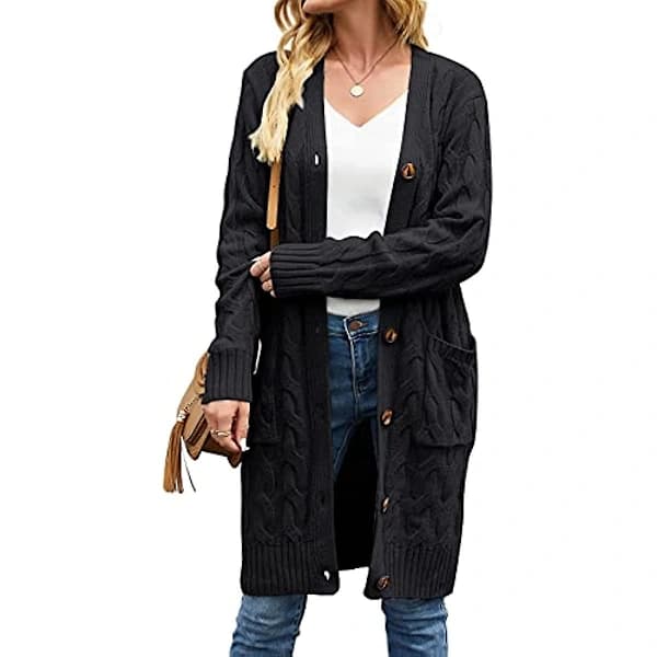 Women's Long Cardigan, Cable Knit Sweater, Long Sleeve Open Front, Button Down Cardigans with Pockets for Fall Winter Wine Red S