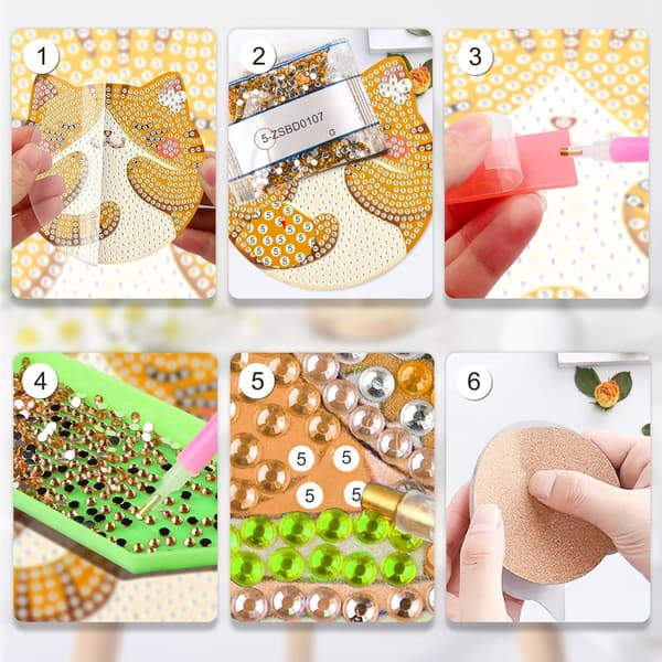 Diamantmaleri Coaster Sæt Katte-design med stativ Akryl Korkbagside DIY Diamantkunst Sæt til voksne 6-pak 10x10cm