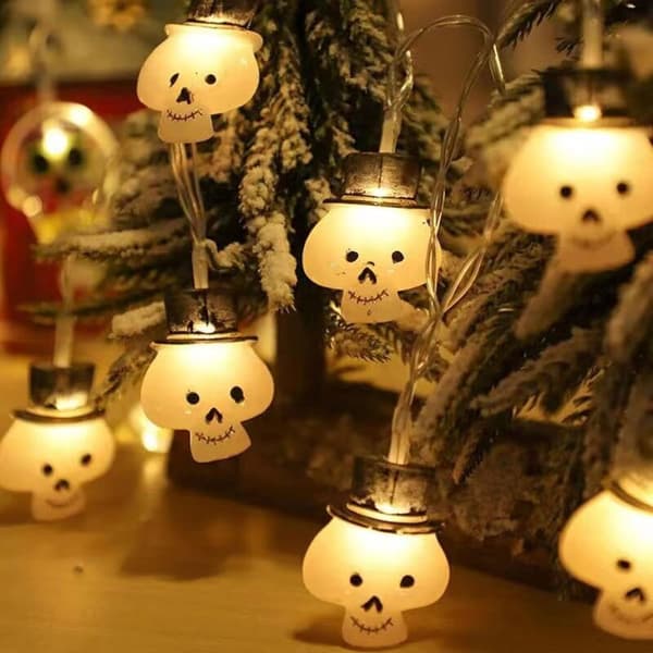 longziming-3M lang 2 belysningstilstande 20LED kraniehoved fe-lys Halloween fe-lys ferie rædsel spøgelse sort hat dekorative lys