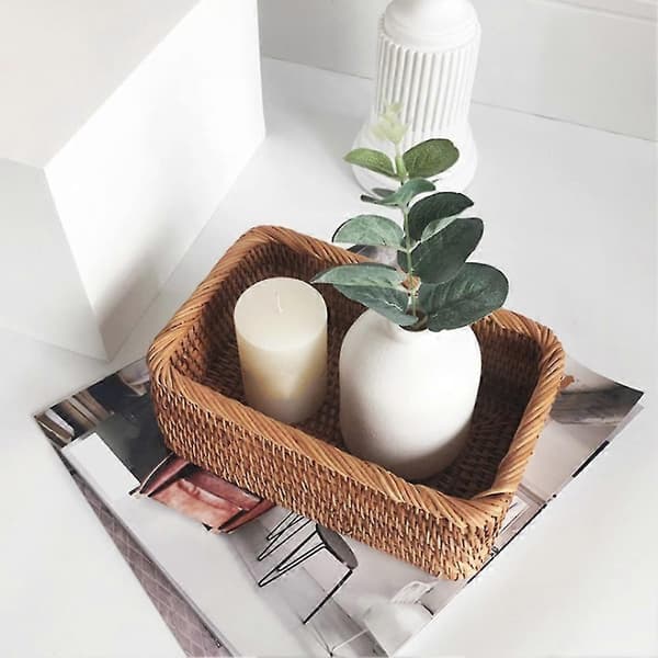 Handwoven Rectangular Rattan Basket, Fruit Tea Snacks Bread Picnic Cosmetic Storage Box Kitchen