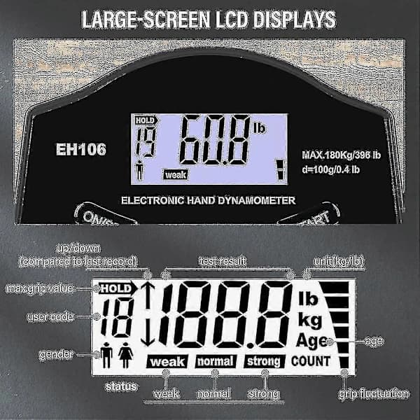 Caraele Grepsstyrketester, 180 kg Digital Hånddynamometer Grepsstyrkemåler USB LCD-skjerm Hånd