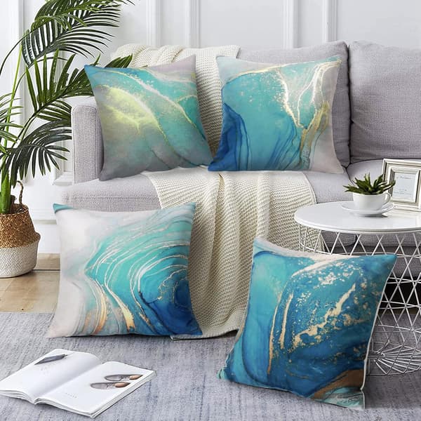 Pillowcase 45x45 cm Set of 4 Marble Pattern Turquoise & Gold Decorative