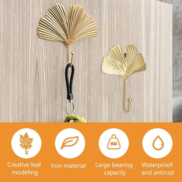 4 Hooks Decorative Leaf-Shaped Iron Hooks Ginkgo Leaf Wall Hooks Key Hooks Simple Coat Hook for Entryway Bathroom Gold