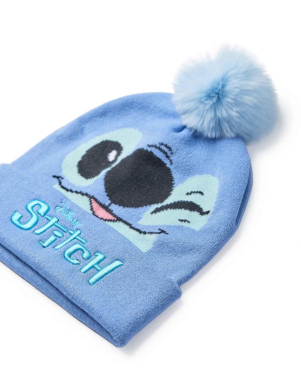 Disney Piger Hue og Vanter Sæt Blå Stitch Karakteransigt - One Size