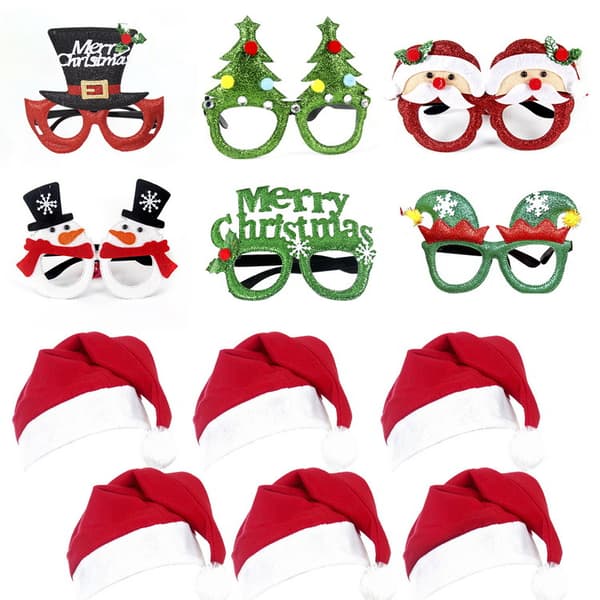 12 Pcs Christmas Hat and Glasses Set, Glitter Party Glasses