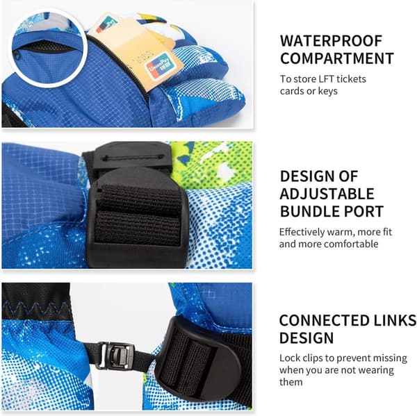 Thermal Waterproof Ski Gloves, Touchscreen, Breathable, Adjustable, Blue, for Snowboarding