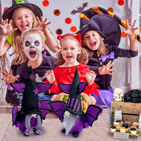 2025 2 pcs Halloween Gnome Fall Decorations, Handmade Faceless Plush Halloween Witch Gnomes with Spider Bat Ornaments