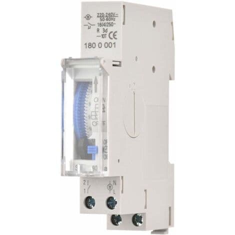 24-timers mekanisk timer til DIN-skinnemontering – Integreret 1,2V Ni-MH-batteri – 15-30 minutters programmering – AC220-240V spænding – 16A