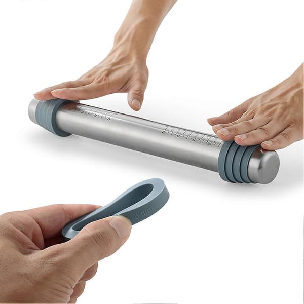 Adjustable Rolling Pin with Thickness Rings, Scale Gauge, Dough Scraper, 430 Stainless Steel, Kitchen Utensils, Baking Tools