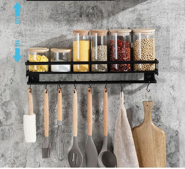Kitchen Utensil Rack with 6 Hooks, Self-Adhesive/Drilling 2 Ways to Install Kitchen Utensil Storage Rack, 40cm Wall Mounted Kitchen Utensil Organizer