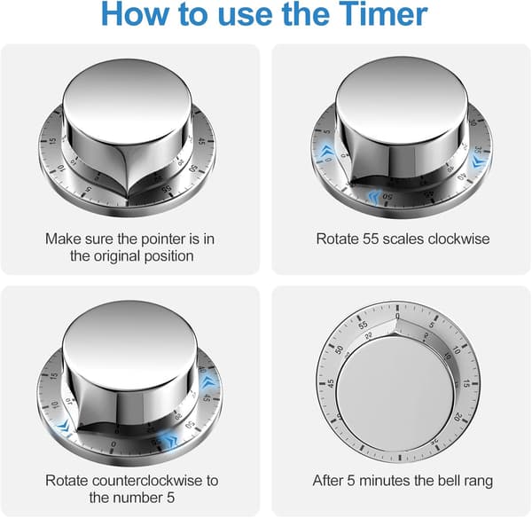 Mekanisk køkkentimer, 60 minutter adsorberbar magnetisk timer, egnet til kogning, madlavning (sølv)