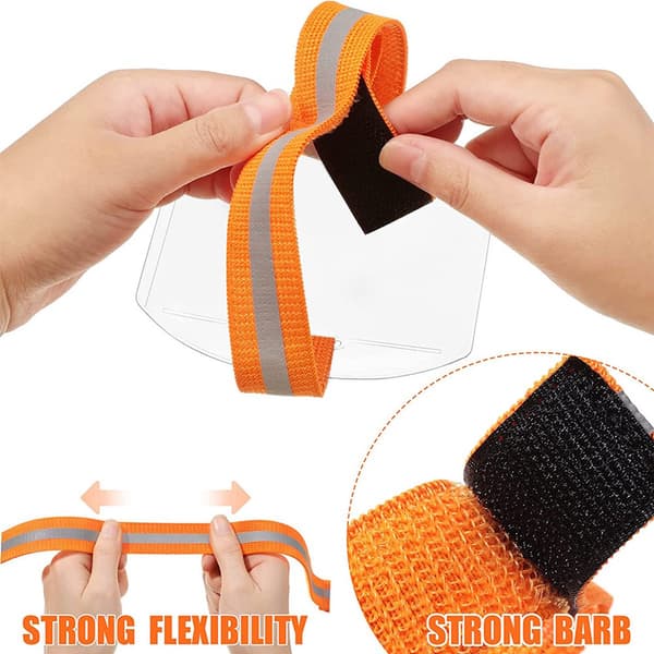ID-kortholder for arm, oransje, vanntett PVC med reflekterende stripe, justerbar for heiskort